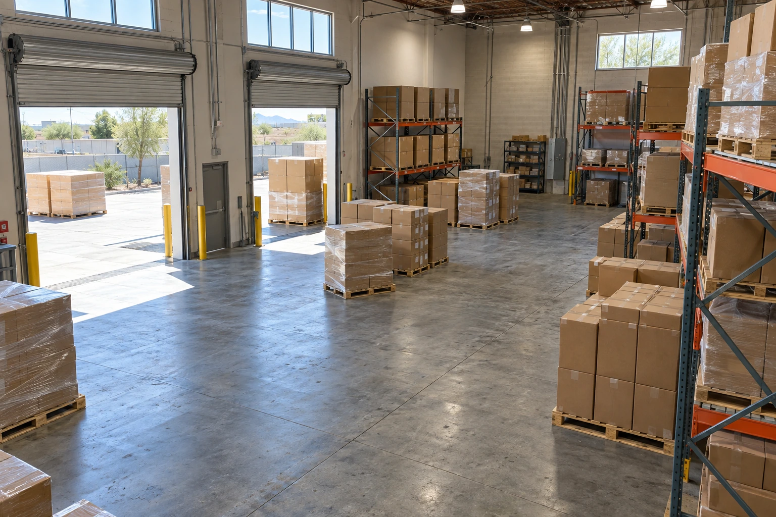 Bright warehouse receiving floor with racking, cartons and wrapped pallets