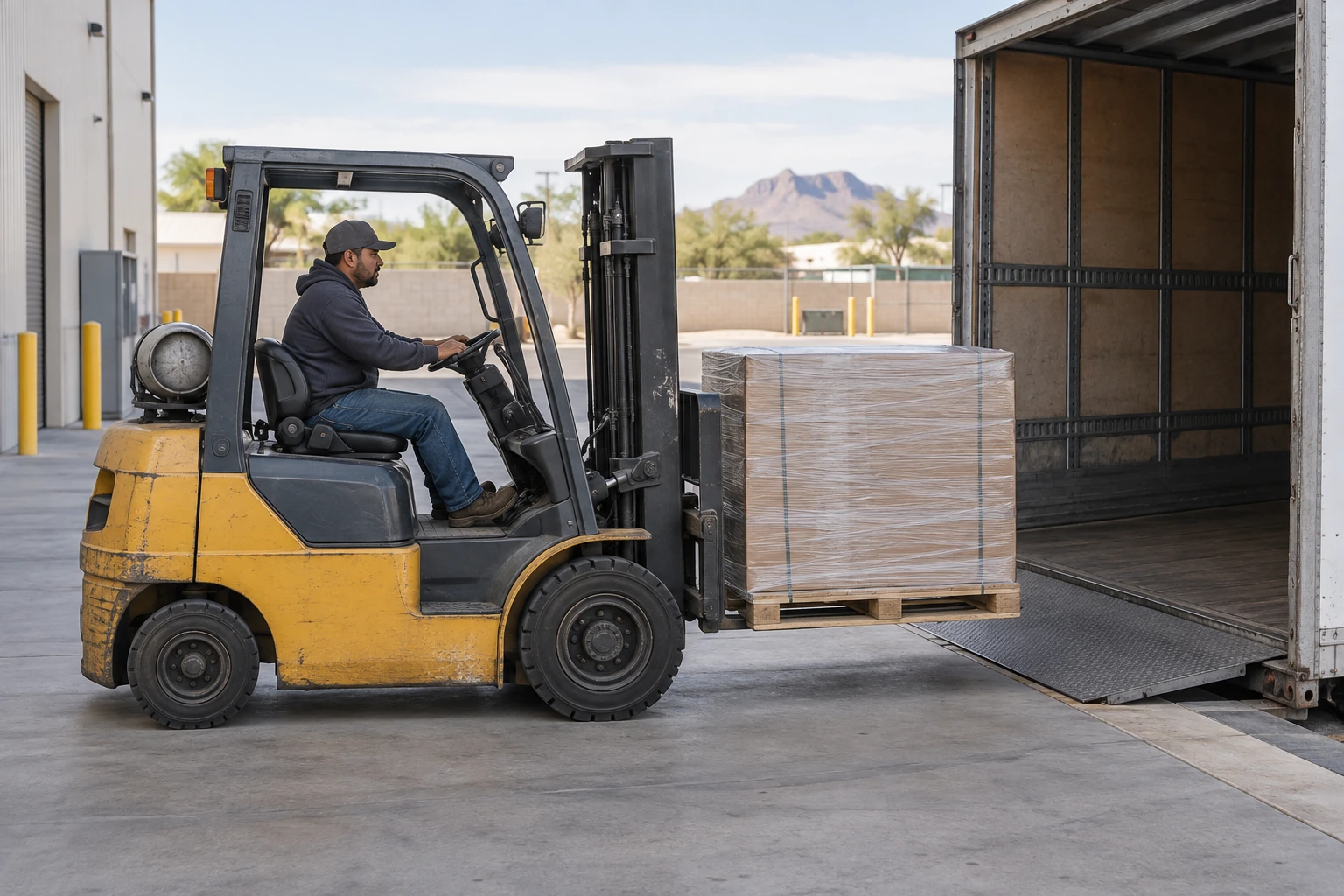 Forklift operator guiding a wrapped pallet toward an open cargo trailer